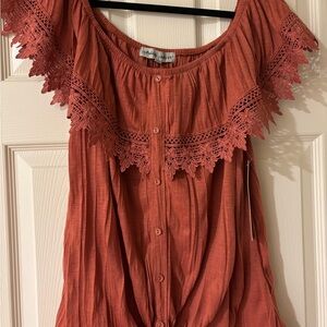 Absolutely Famous Orange Clay Ruffled Tie Front Blouse Large